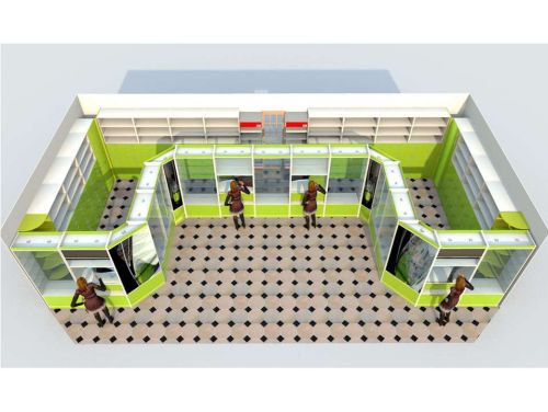 Проект 3D расстановки П-образного оборудования для аптеки с высокой первой линией в цвете Лайм