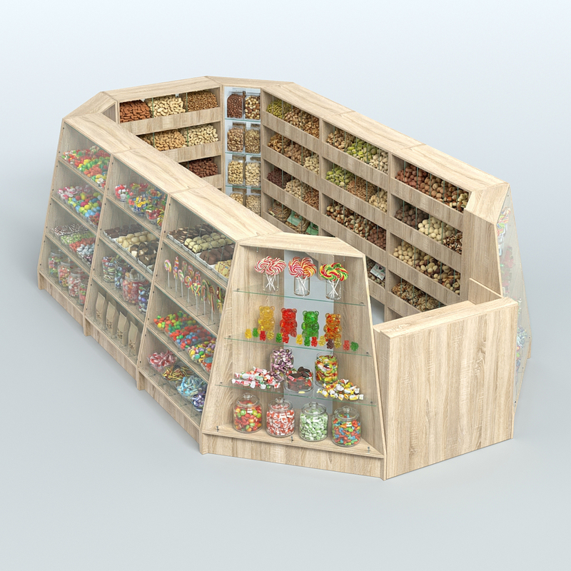 Торговые островки со стеклянными разделителями для продажи конфет и орехов серии NUT