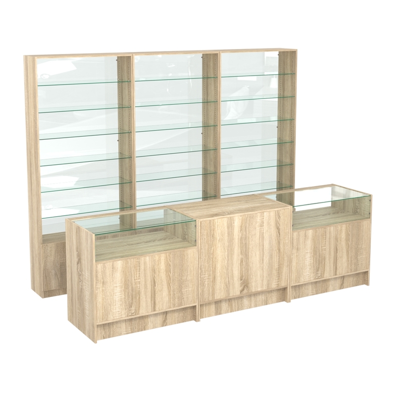 Комплекты стеллажей с прямыми стеклянными полками и прилавков