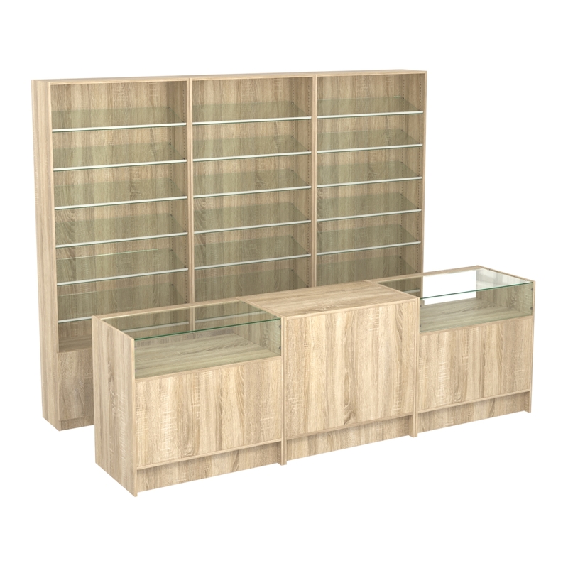 Комплекты стеллажей с наклонными стеклянными полками и прилавков