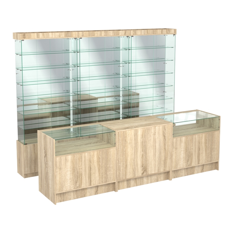 Комплекты стеклянных витрин и прилавков