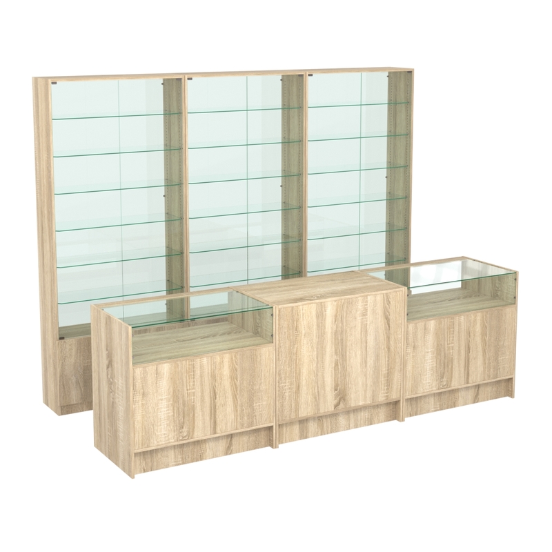 Комплекты витрин с регулировочными полками и прилавков