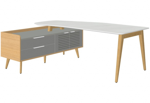 Стол рабочий эргономичный с опорной тумбой левый, цвет белый мрамор + массив ясеня