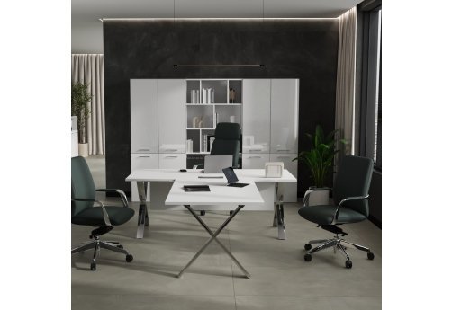 Стол руководителя с царгой и брифинг-приставкой Квентин, цвет белый