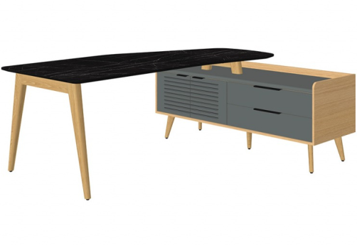 Стол рабочий эргономичный с опорной тумбой правый, цвет черный мрамор + массив ясеня