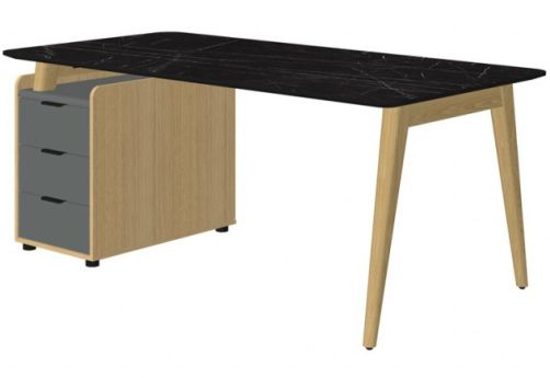 Стол рабочий прямой с опорной тумбой левый, цвет черный мрамор + массив ясеня