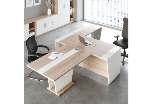 Стол письменный 180 панель - древесная с брифинг-приставкой и правой боковой приставкой Виенсо, цвет вяз + белый