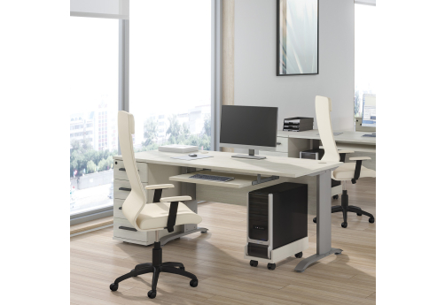 Стол письменный на металлоопорах с приставной тумбой Лиани, цвет шамони светлый