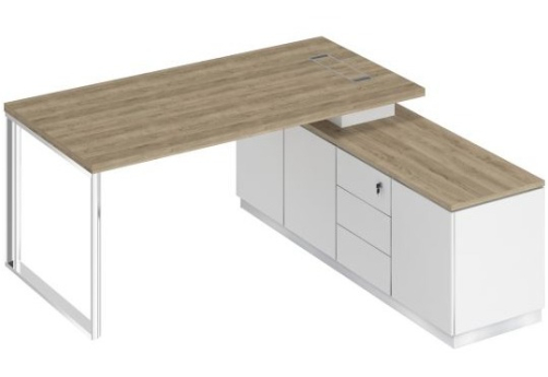 Стол руководителя на опорной тумбе (левый/правый) Римини, цвет дуб светлый + белый + белый