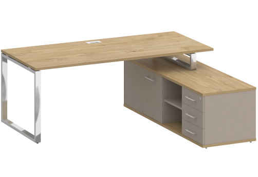 Стол руководителя с опорной греденцией правый, цвет тиквуд светлый + мокко