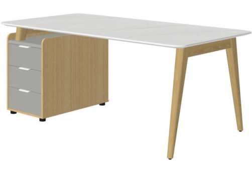 Стол рабочий прямой с опорной тумбой левый, цвет белый мрамор + массив ясеня