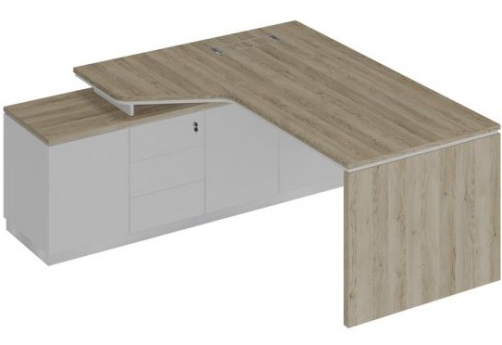 Стол на опорной тумбе левый эргономичный Римини Т, цвет дуб светлый + белый + белый