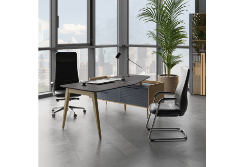 Стол рабочий эргономичный с опорной тумбой левый Флекс, цвет черный мрамор + массив ясеня