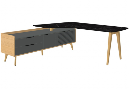Стол рабочий с опорной тумбой левый, цвет черный мрамор + массив ясеня