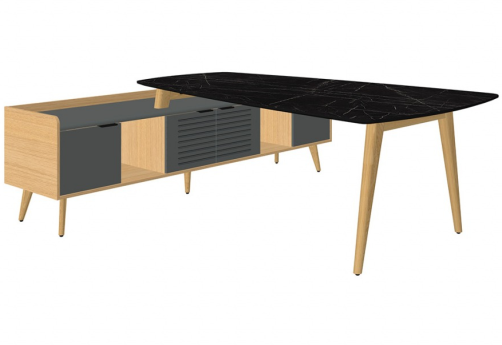 Конференц-стол с опорной тумбой, цвет черный мрамор + массив ясеня