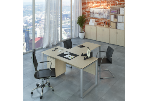 Стол руководителя с брифинг-приставкой Хайтек Квадро, цвет шамони светлый