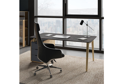 Стол рабочий прямой с опорной тумбой левый Флекс, цвет черный мрамор + массив ясеня