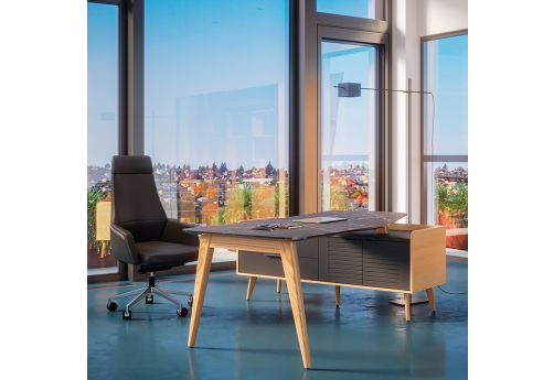 Стол рабочий эргономичный с опорной тумбой левый Флекс, цвет черный мрамор + массив ясеня