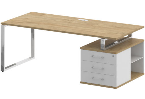 Стол руководителя с опорной тумбой правый, цвет тиквуд светлый + белый