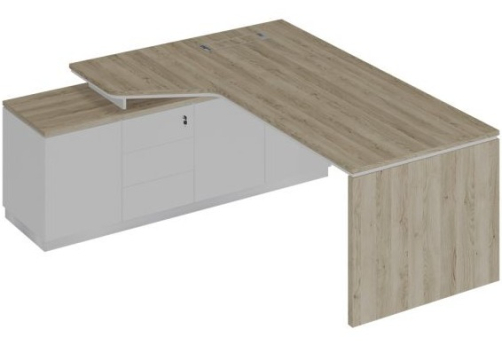 Стол на опорной тумбе эргономичный левый Римини Т, цвет дуб светлый + белый + белый