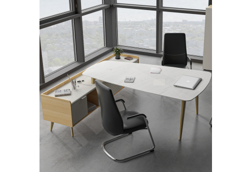 Конференц-стол с опорной тумбой Флекс, цвет белый мрамор + массив ясеня