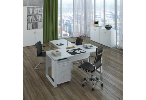 Стол руководителя с брифинг-приставкой Хайтек Квадро, цвет белый