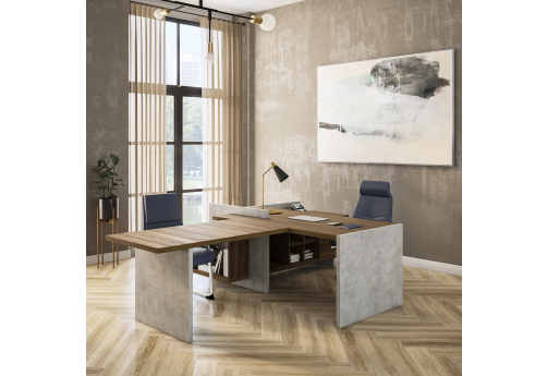 Стол рабочий правый с брифинг-приставкой Монреаль, цвет дуб + бетон