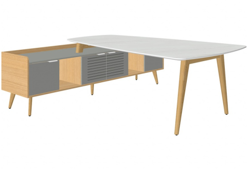 Конференц-стол с опорной тумбой, цвет белый мрамор + массив ясеня