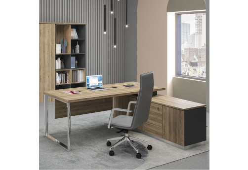 Стол руководителя на опорной тумбе (левый/правый) с экраном Римини, цвет дуб светлый + антрацит + дуб светлый