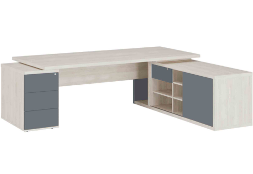 Стол рабочий на опорной греденции и тумбе правый Петра, цвет светлый дуб + антрацит