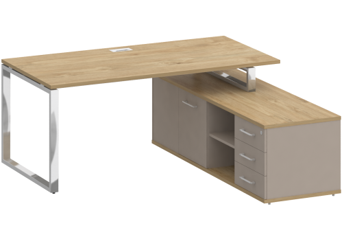 Стол руководителя с опорной греденцией правый, цвет тиквуд светлый + мокко