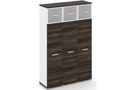 Шкаф три узкие секции 5 ниш (3 фасада ЛДСП, 4 ниши + 3 фасада стекло белое матовое в раме, 1 ниша) Динен, цвет дуб мали-белый