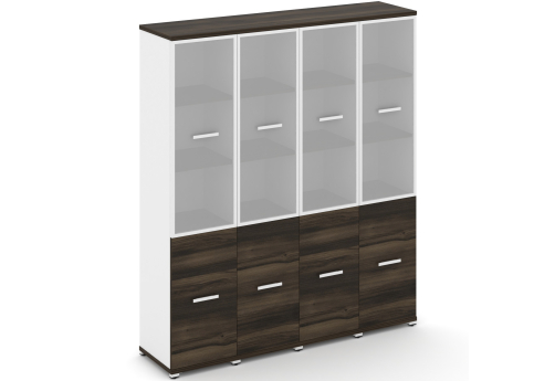 Шкаф четыре узкие секции 5 ниш (4 фасада ЛДСП, 2 ниши + 4 фасада стекло белое матовое в раме, 3 ниши) Динен, цвет дуб мали-белый