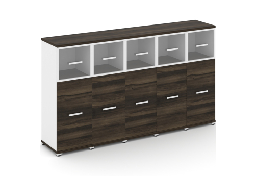 Шкаф пять узких секций 3 ниши (5 фасадов ЛДСП, 2 ниши + 5 фасадов стекло прозрачное в раме, 1 ниша) Динен, цвет дуб мали-белый