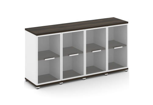 Шкаф четыре узкие секции 2 ниши (4 фасада стекло прозрачное в раме, 2 ниши) Динен, цвет дуб мали-белый