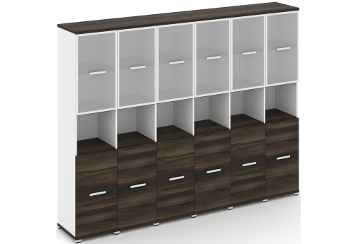 Шкаф шесть узких секций 5 ниш (6 фасадов ЛДСП, 2 ниши + 6 фасадов стекло белое матовое в раме, 2 ниши) Динен, цвет дуб мали-белый