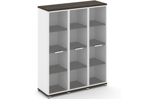 Шкаф три узкие секции 4 ниши (3 фасада стекло прозрачное в раме, 4 ниши) Динен, цвет дуб мали-белый