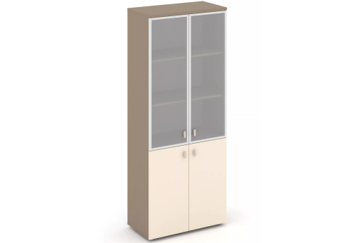 Шкаф высокий широкий (3 полки под стеклом в раме), цвет латте + сатин