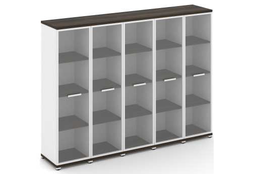 Шкаф пять узких секций 4 ниши (5 фасадов стекло прозрачное в раме, 4 ниши) Динен, цвет дуб мали-белый