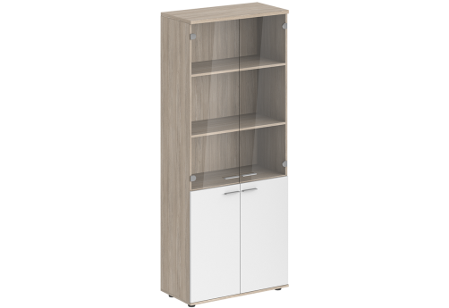 Шкаф высокий 4 двери со стеклом с задней стенкой HDF Индиго Вуд, цвет дуб светлый + белый
