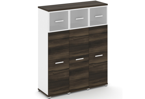 Шкаф три узкие секции 4 ниши (3 фасада ЛДСП, 3 ниши + 3 фасада стекло белое матовое в раме, 1 ниша) Динен, цвет дуб мали-белый