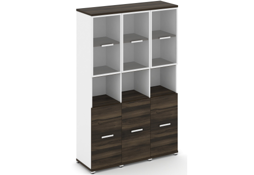 Шкаф три узкие секции 5 ниш (3 фасада ЛДСП на 2 ниши + 3 фасада стекло прозрачное в раме, 2 ниши) Динен, цвет дуб мали-белый