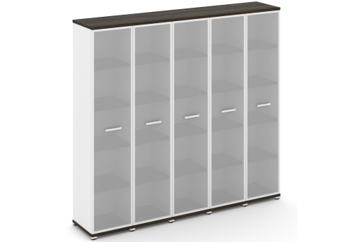 Шкаф пять узких секций 5 ниш (5 фасадов стекло белое матовое в раме, 5 ниш) Динен, цвет дуб мали-белый