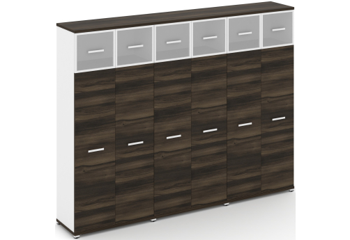 Шкаф три широкие секции 5 ниш (6 фасадов ЛДСП, 4 ниши + 6 фасадов стекло белое матовое в раме, 1 ниша) Динен, цвет дуб мали-белый