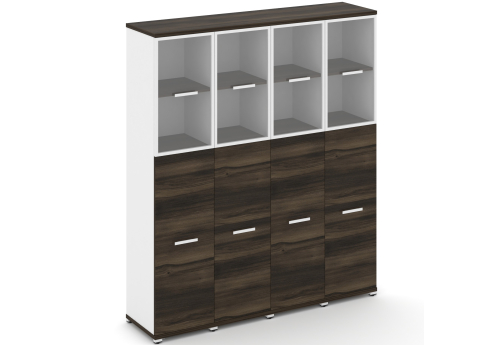 Шкаф четыре узкие секции 5 ниш (4 фасада ЛДСП, 3 ниши + 4 фасада стекло прозрачное в раме, 2 ниши) Динен, цвет дуб мали-белый