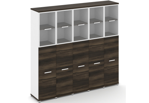 Шкаф пять узких секций 5 ниш (5 фасадов ЛДСП, 3 ниши + 5 фасадов стекло прозрачное в раме, 2 ниши) Динен, цвет дуб мали-белый