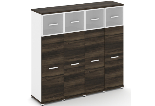 Шкаф четыре узкие секции 4 ниши (4 фасада ЛДСП, 3 ниши + 4 фасада стекло белое матовое в раме, 1 ниша) Динен, цвет дуб мали-белый