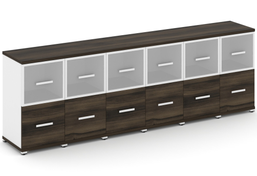 Шкаф шесть узких секций 2 ниши (6 фасадов ЛДСП, 1 ниша + 6 фасадов стекло белое матовое в раме, 1 ниша) Динен, цвет дуб мали-белый