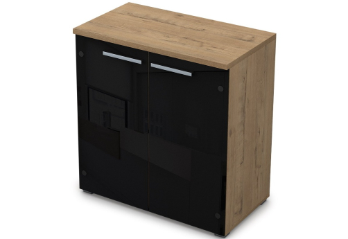 Шкаф низкий со стеклом черный глянец Платинум Персонал, цвет тиковое дерево