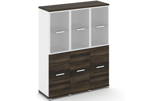 Шкаф три узкие секции 4 ниши (3 фасада ЛДСП, 2 ниши + 3 фасада стекло белое матовое в раме, 2 ниши) Динен, цвет дуб мали-белый